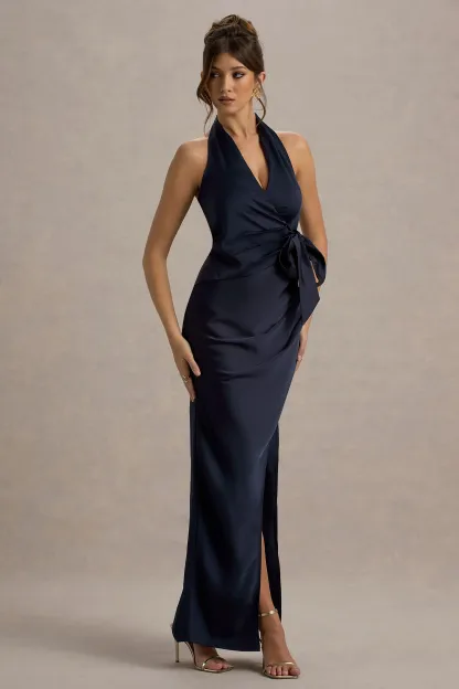 Navy Satin Plunge-Neck Wrap Maxi Dress