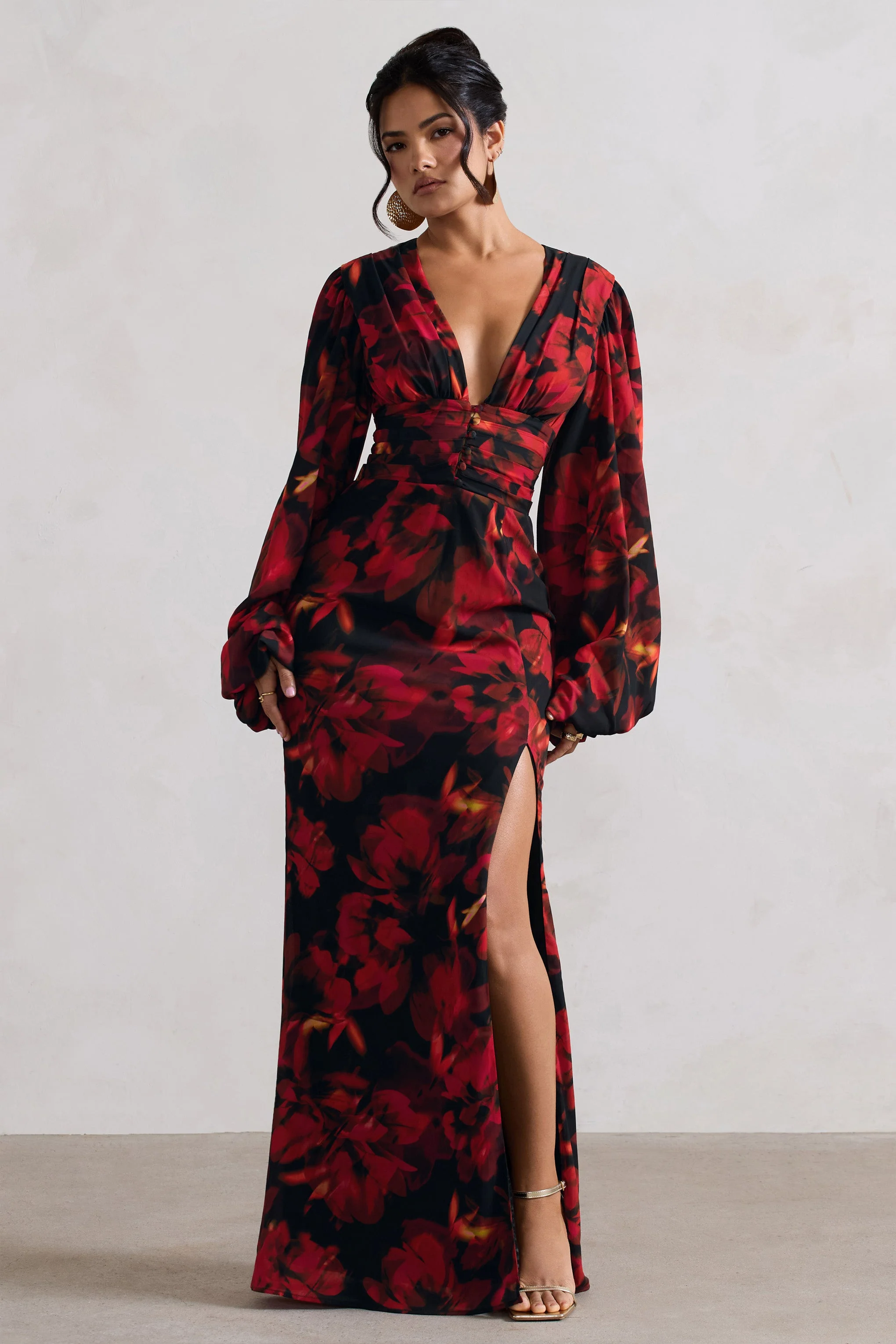 Red Floral Print V-Neck Balloon Sleeve Maxi Dress