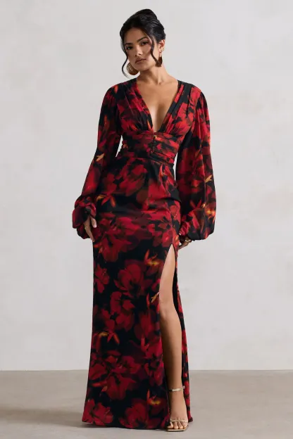 Red Floral Print V-Neck Balloon Sleeve Maxi Dress