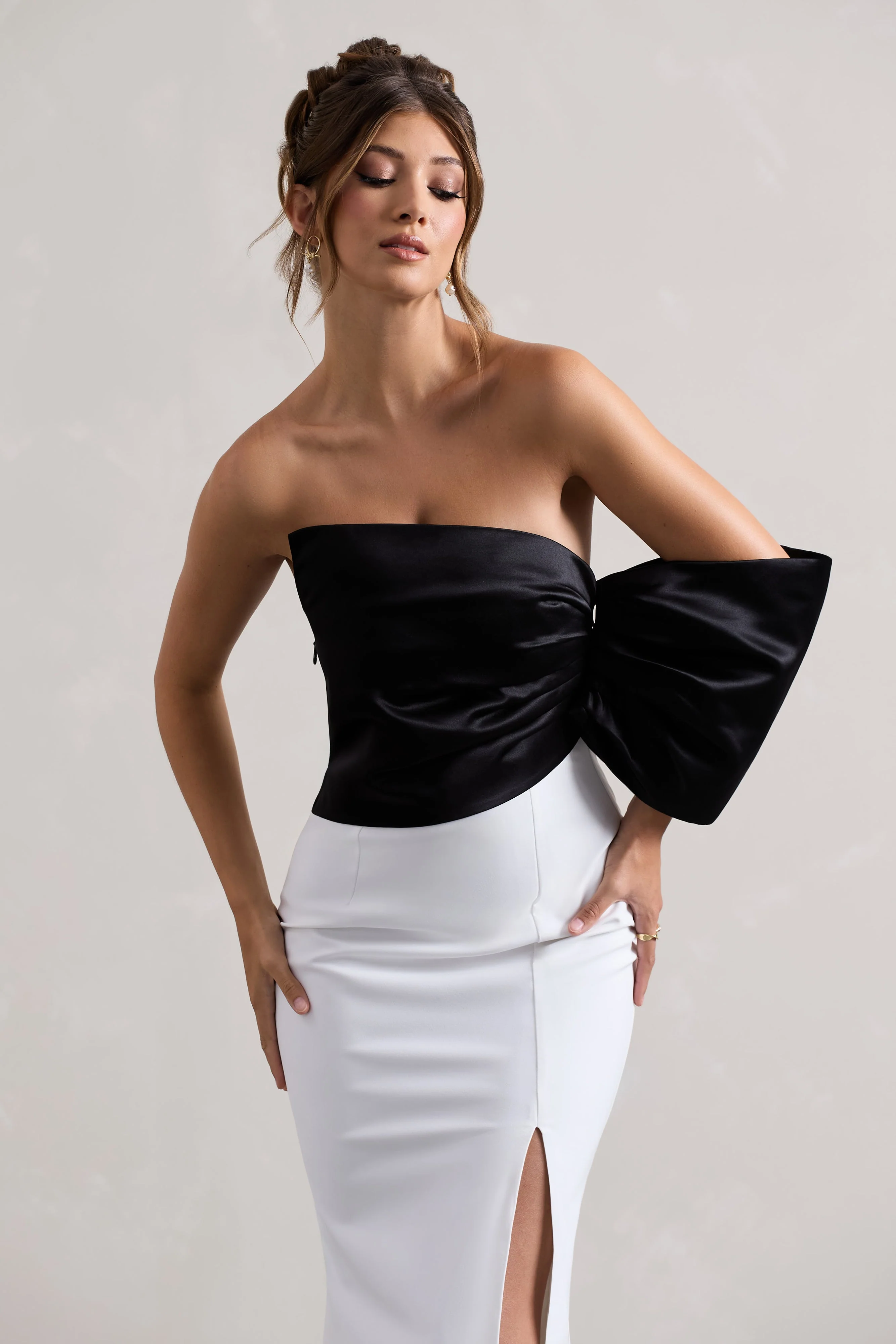 Black & White Asymmetric One-Sleeve Split Maxi Dress