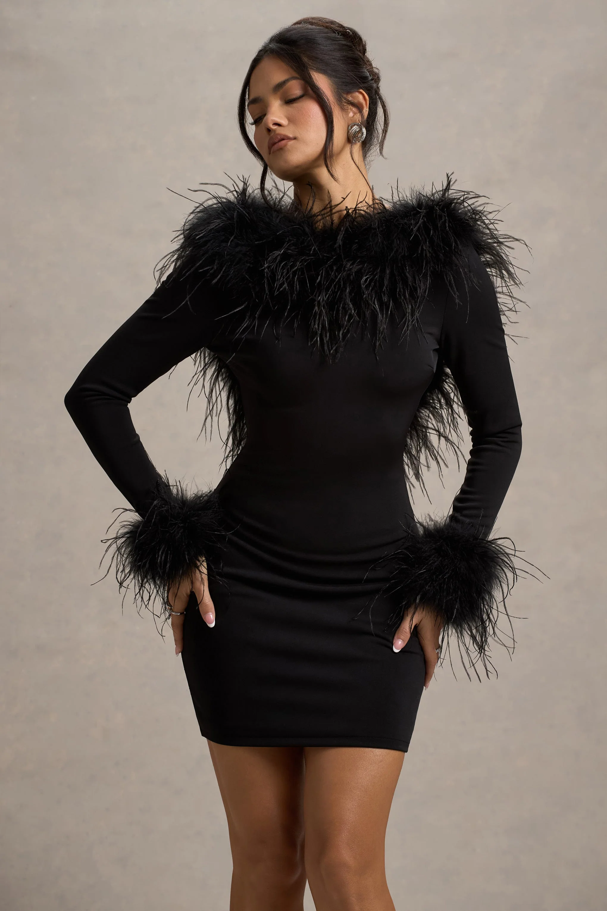 Black Long-Sleeve Low Back Mini Dress With Feather Trim