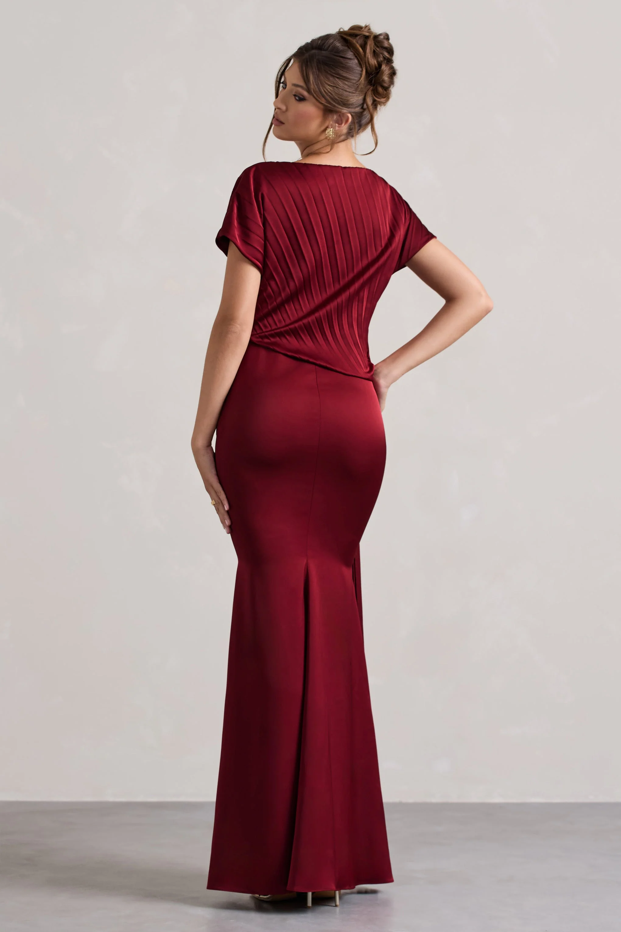 Berry Satin Pleated Maxi Dress With Drape