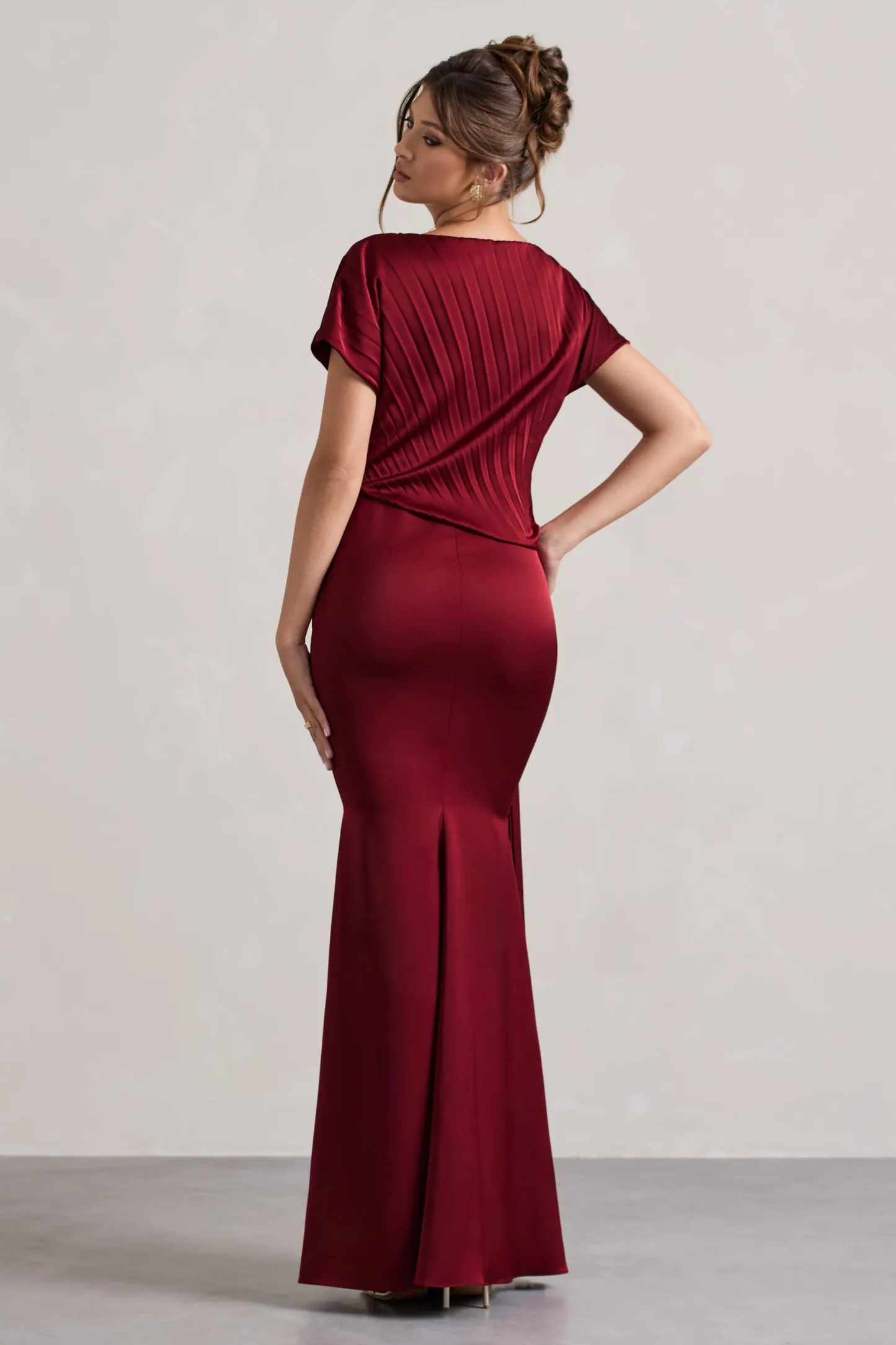 Berry Satin Pleated Maxi Dress With Drape