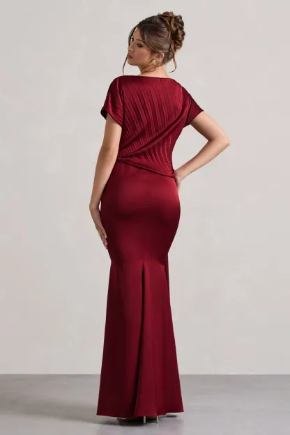 Berry Satin Pleated Maxi Dress With Drape