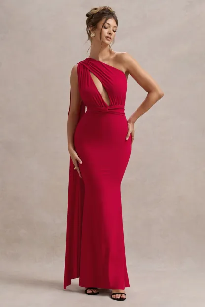 Red Asymmetric Knot Maxi Dress With Sash