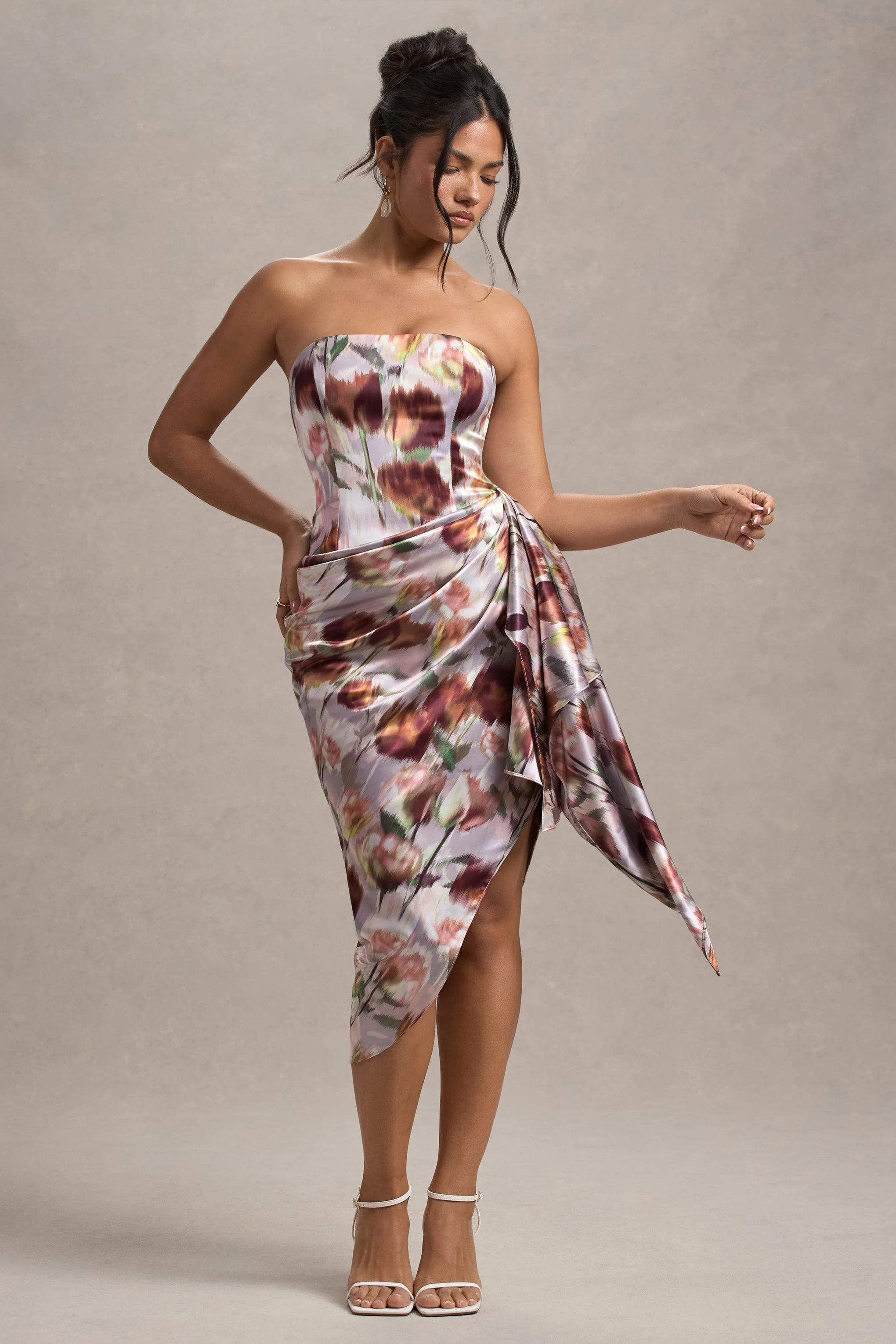 Cream Floral Print Satin Strapless Wrap Midi Dress