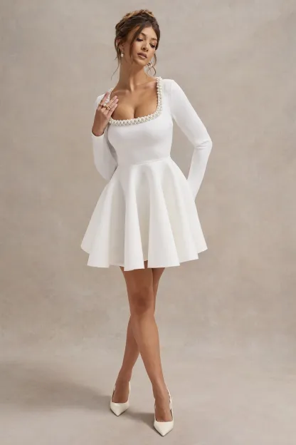 White Square-Neck Long-Sleeve Skater Mini Dress