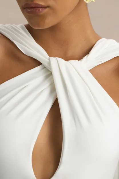 White Twist Halter-Neck Cape Maxi Dress