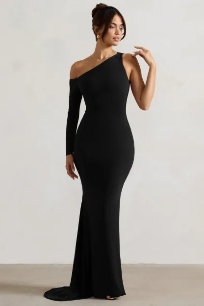 Black One-Sleeve Asymmetric Maxi Dress