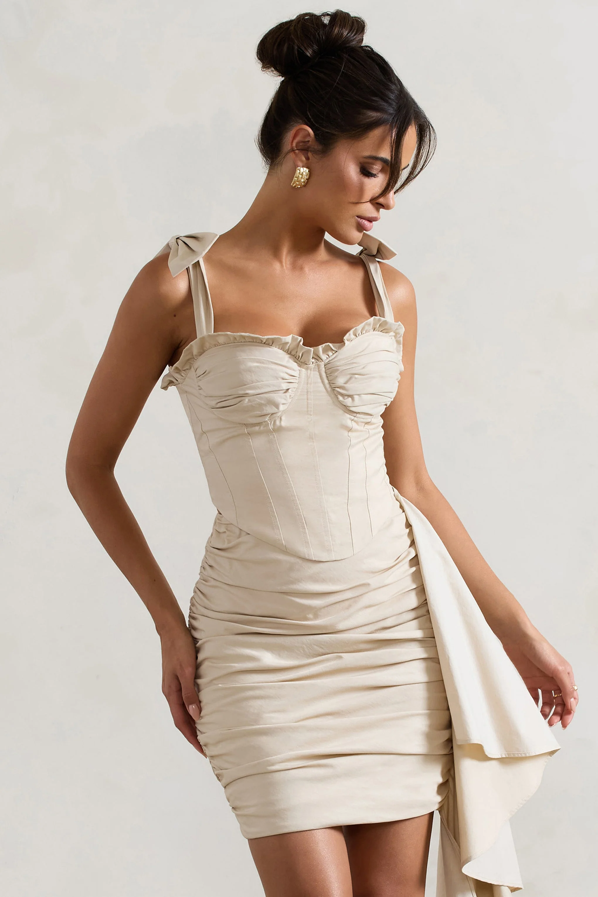 Ivory Ruffled Corset Top With Tie Straps