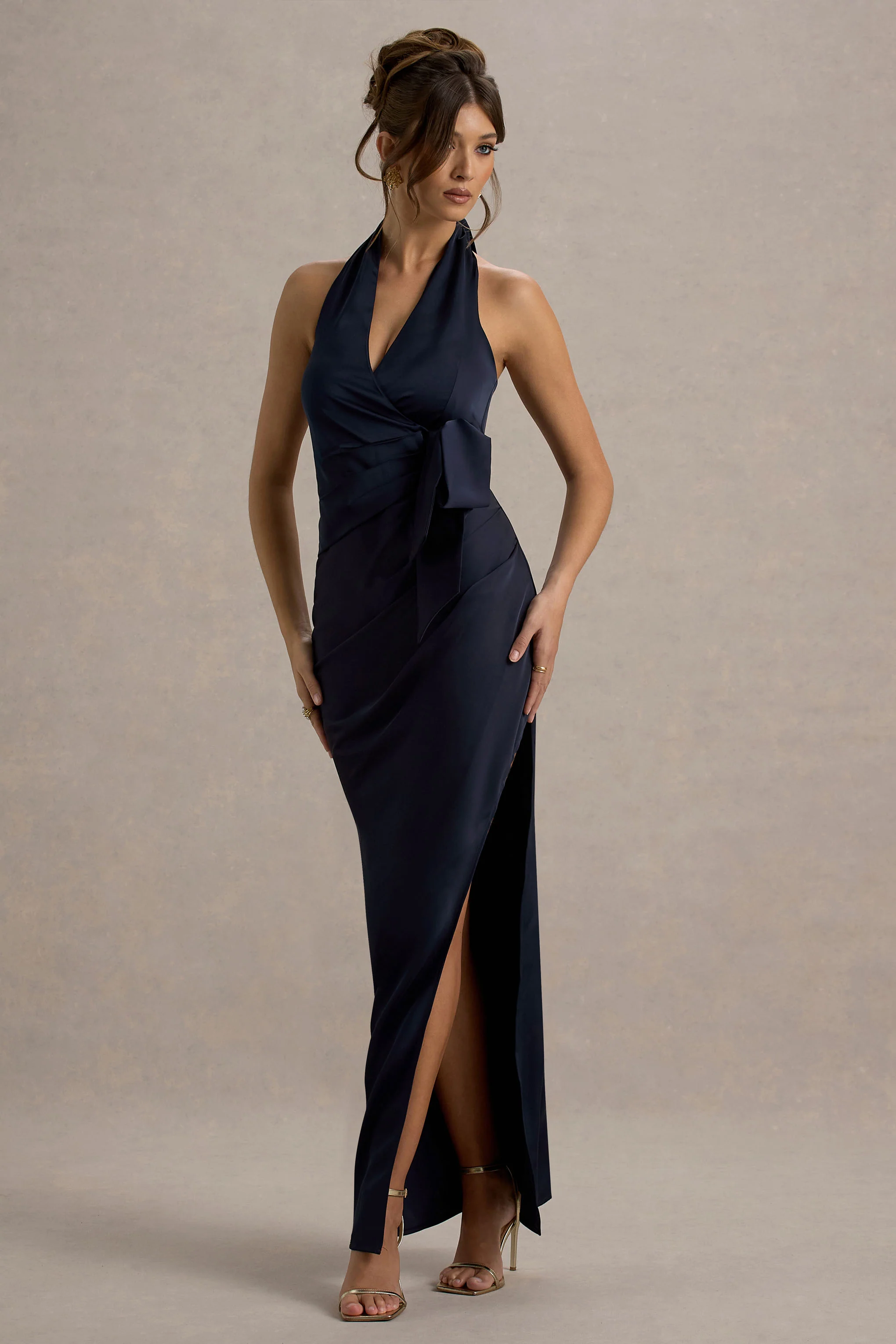 Navy Satin Plunge-Neck Wrap Maxi Dress