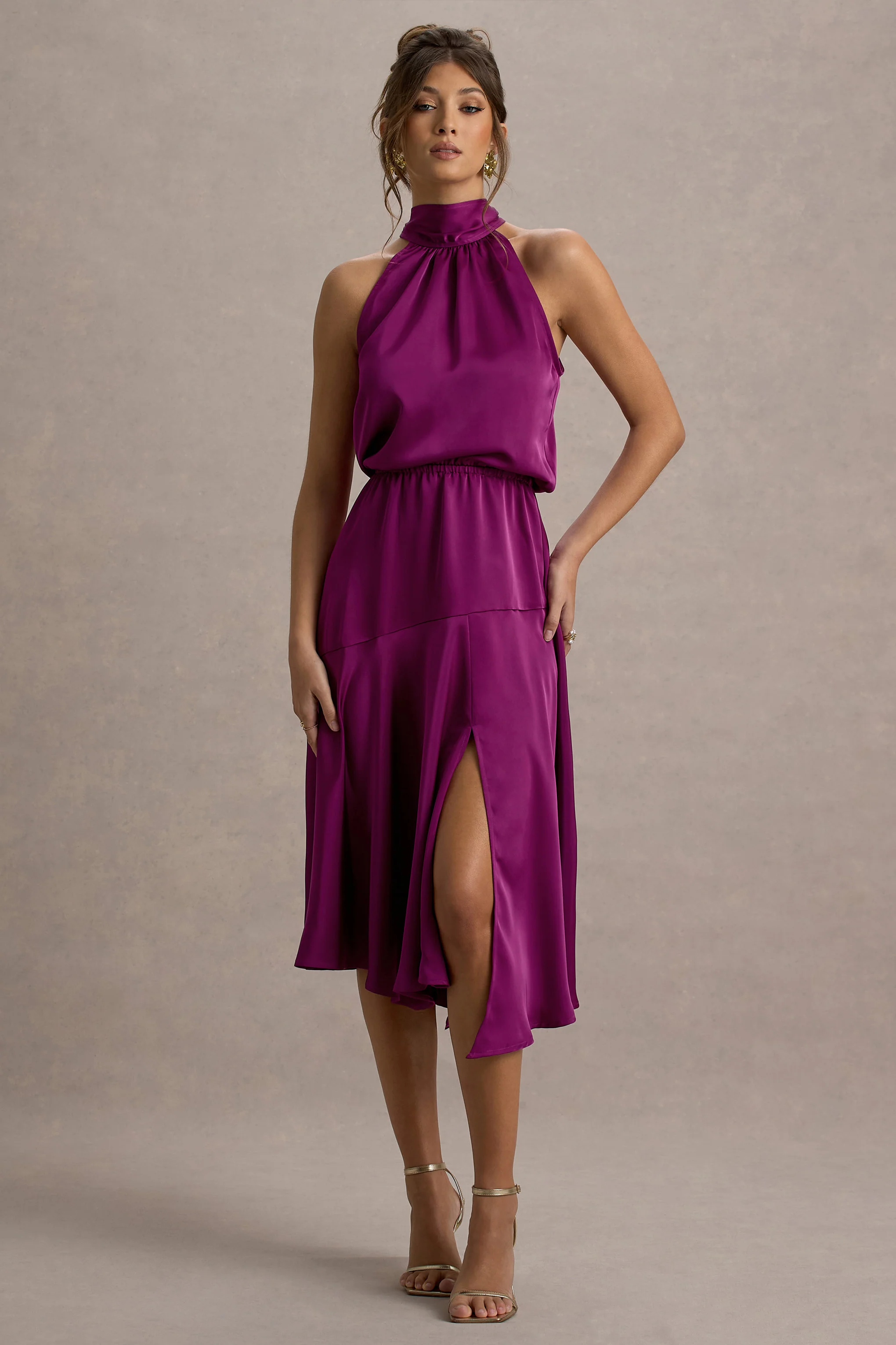 Dark Pink Satin High-Neck Split Midi Dress