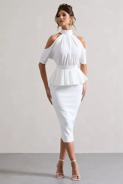 White High-Neck Cut-Out Midi Dress With Peplum Waist