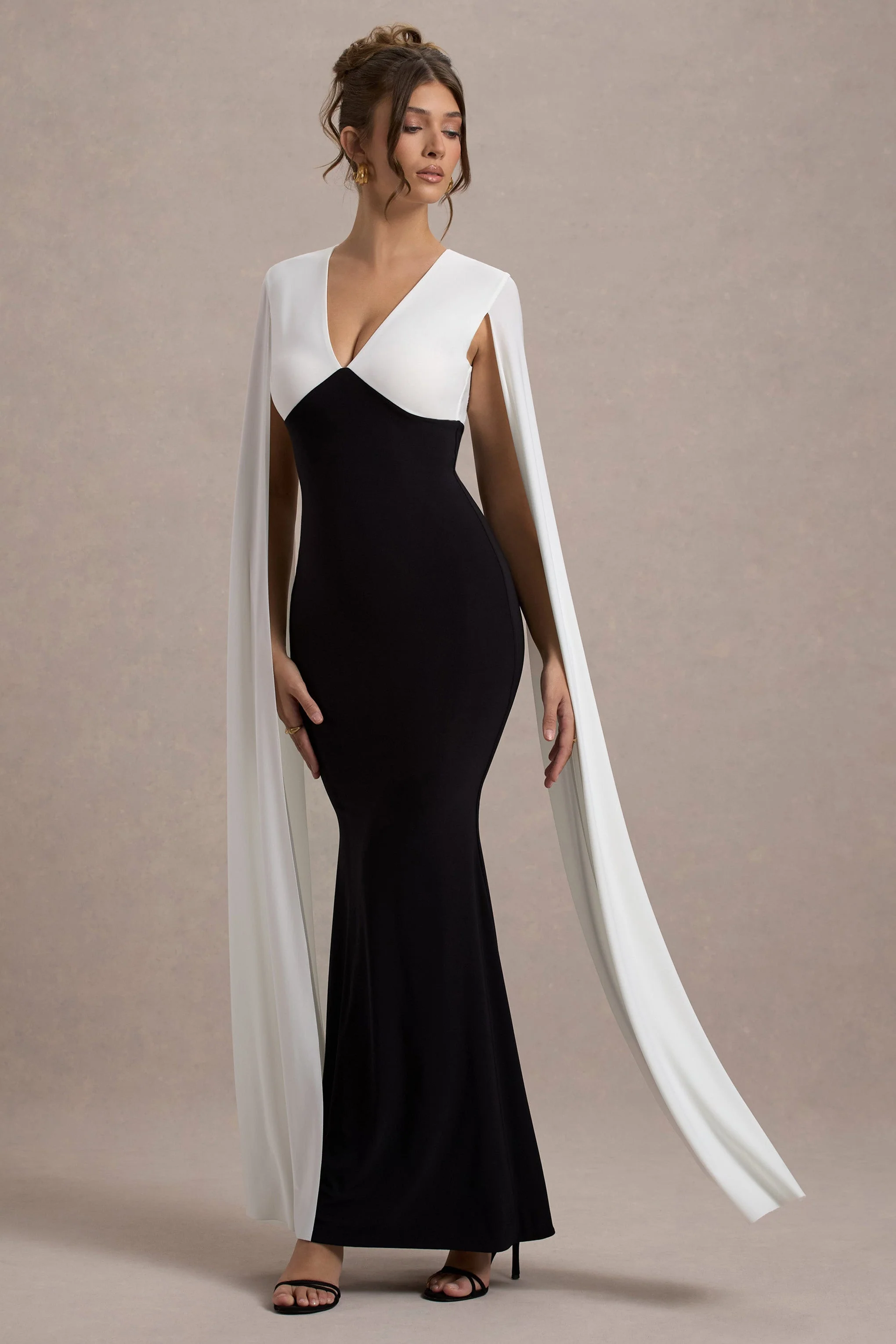 Black & White Plunge-Neck Maxi Dress With Cape Sleeves