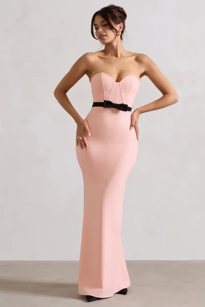 Pink Structured Strapless Corset Maxi Dress With Bow