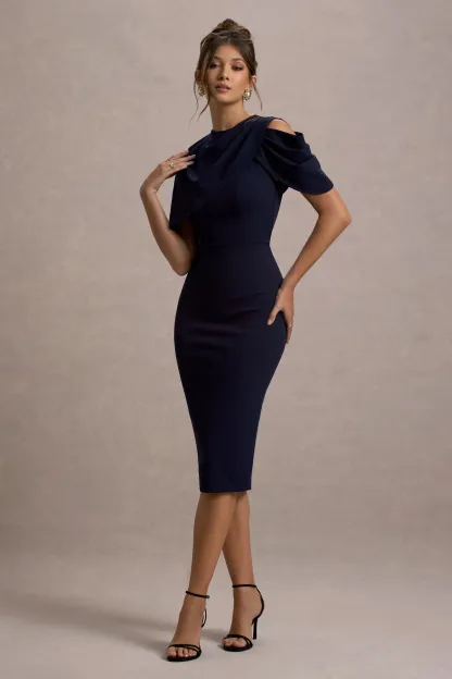 Navy Draped Midi Dress With Cape