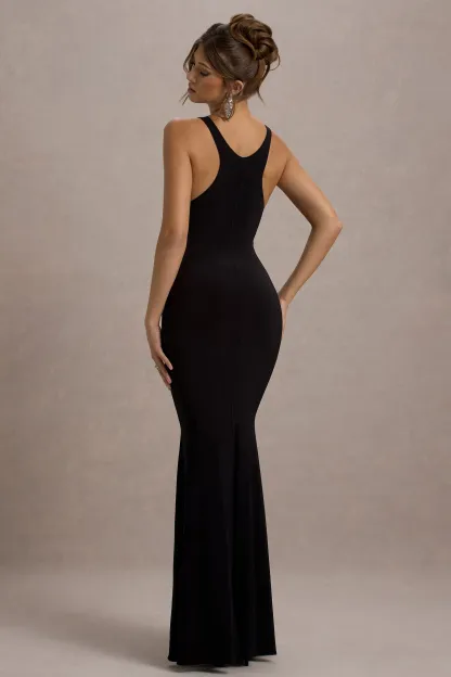 Black Boat-Neck Racer-Back Maxi Dress