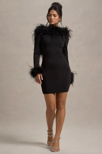 Black Long-Sleeve Low Back Mini Dress With Feather Trim