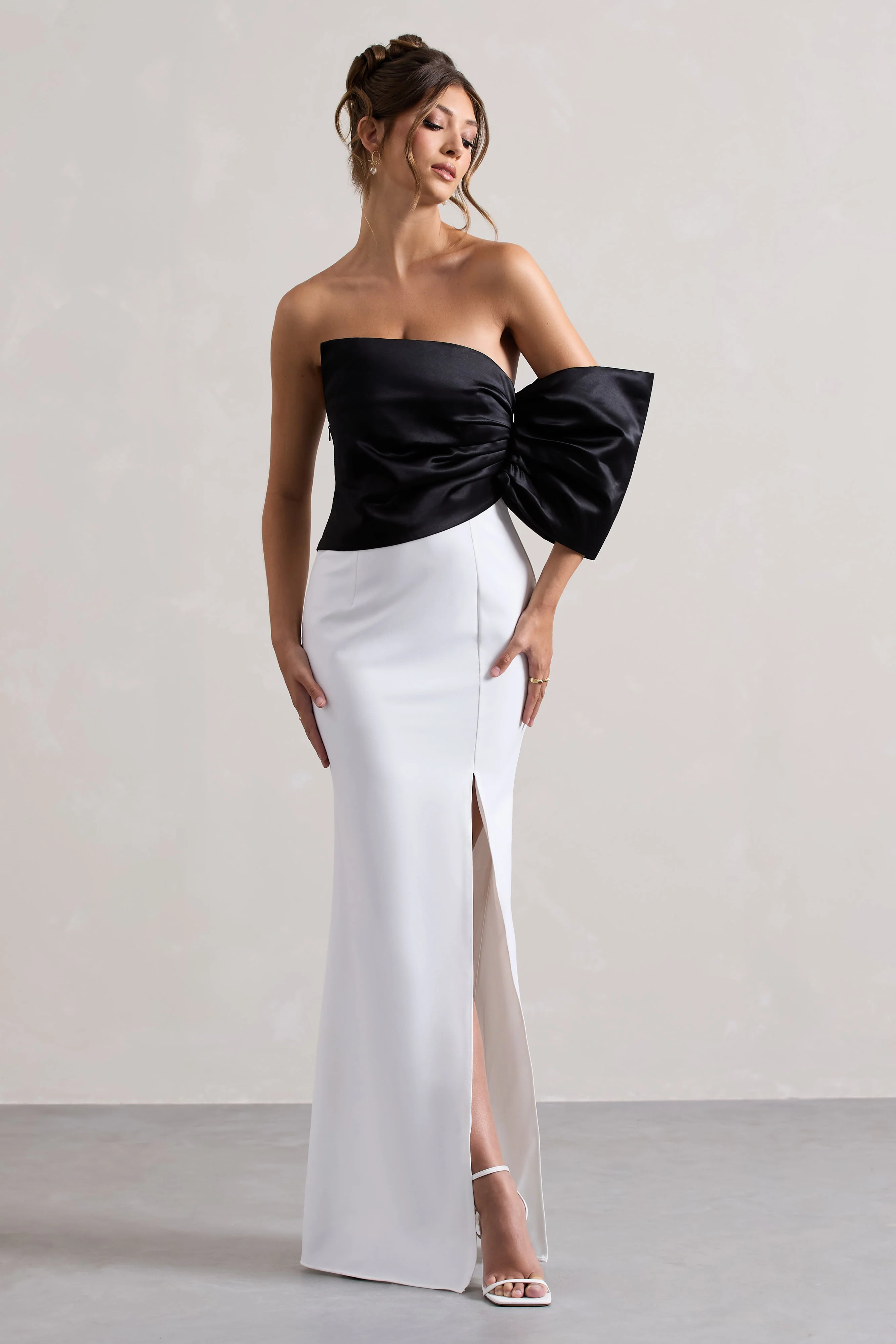 Black & White Asymmetric One-Sleeve Split Maxi Dress