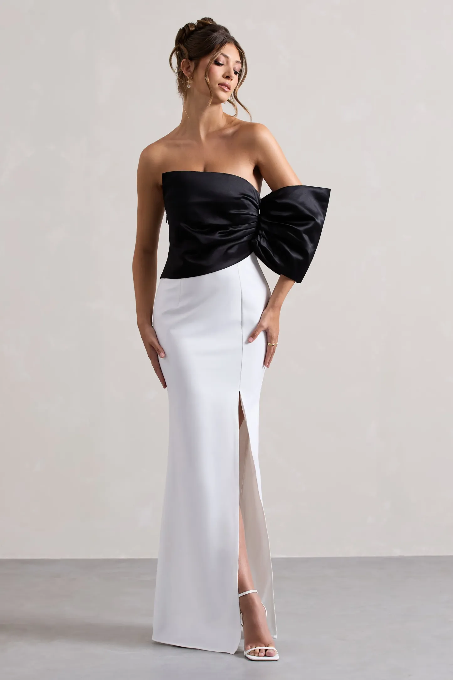 Black & White Asymmetric One-Sleeve Split Maxi Dress