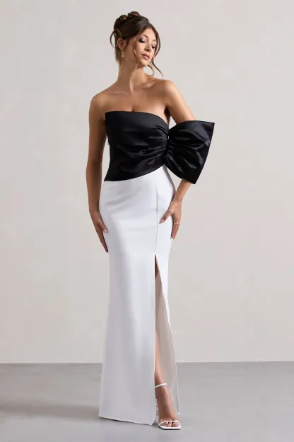 Black & White Asymmetric One-Sleeve Split Maxi Dress