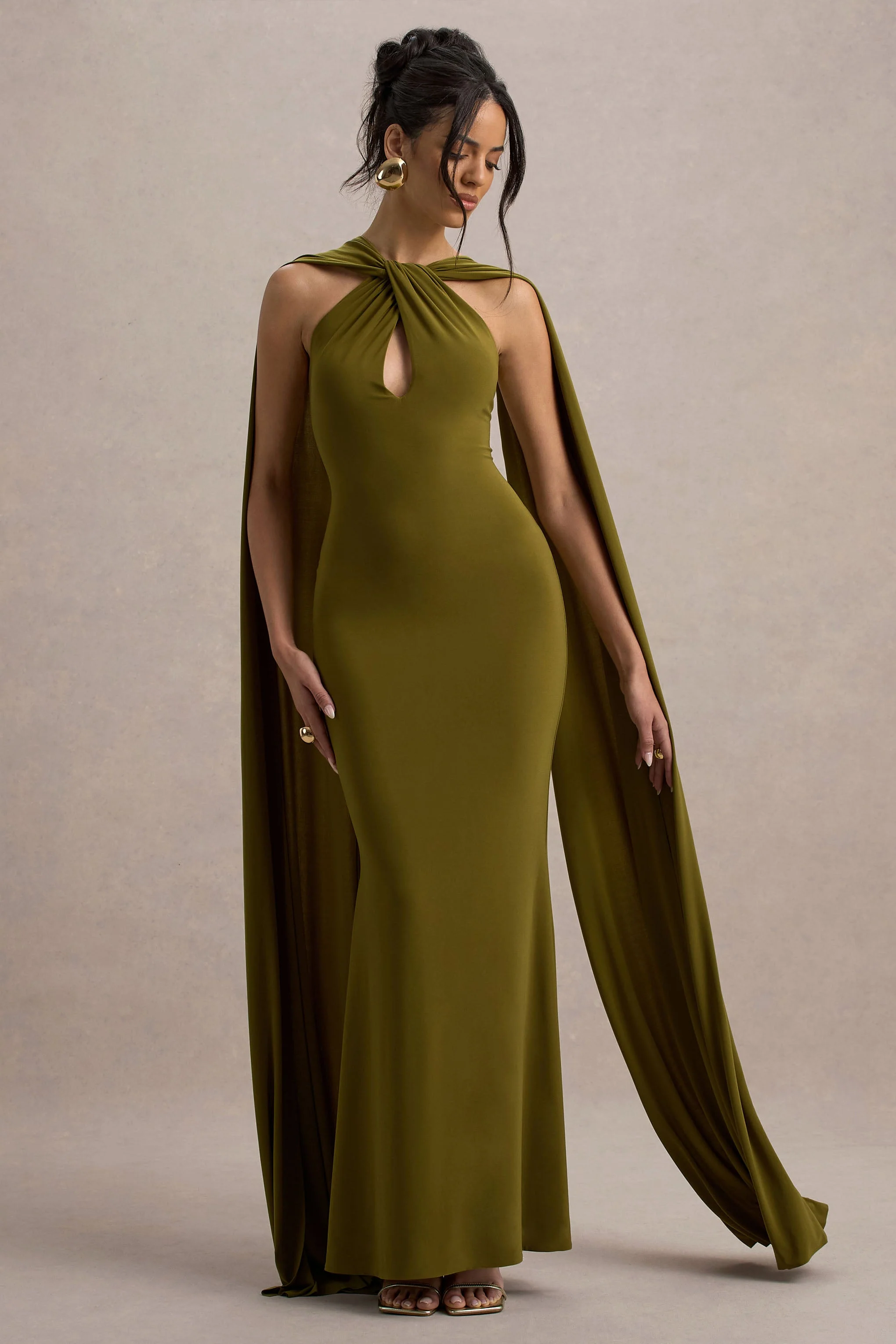 Green Twist Halter-Neck Cape Maxi Dress