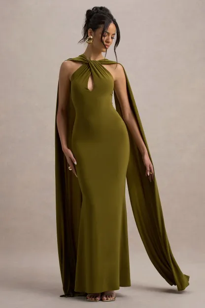 Green Twist Halter-Neck Cape Maxi Dress