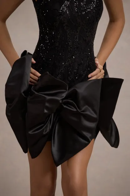 Black Lace Square-Neck Mini Dress With Bows