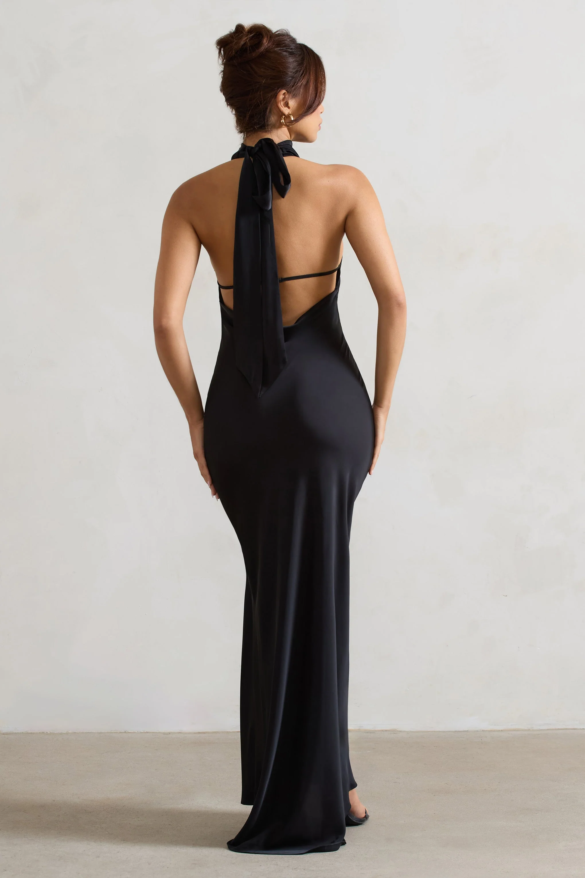 Black Cowl Halter-Neck Open Back Maxi Dress