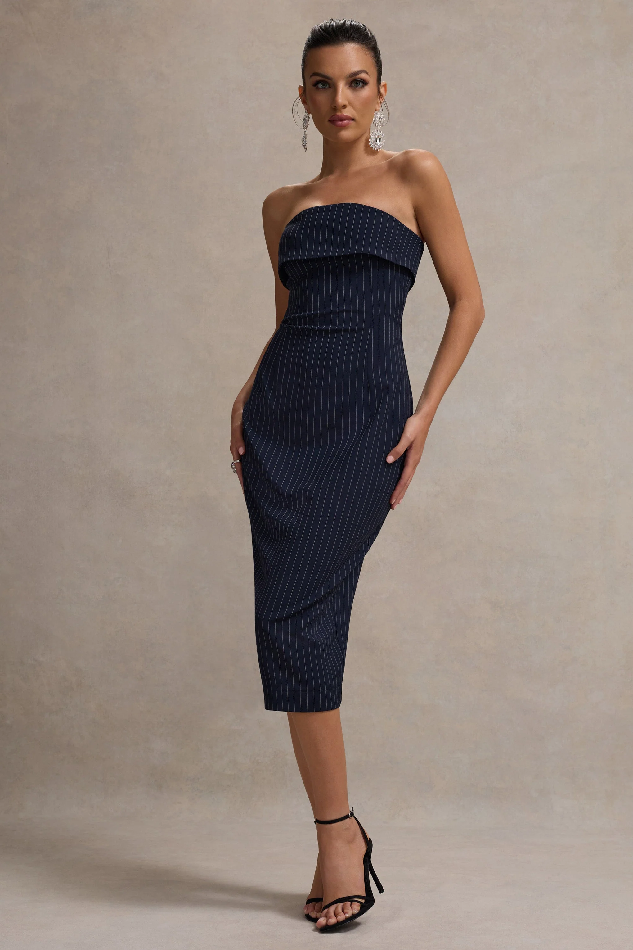 Navy Pinstripe Strapless Midi Dress