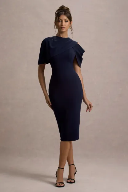 Navy Draped Midi Dress With Cape