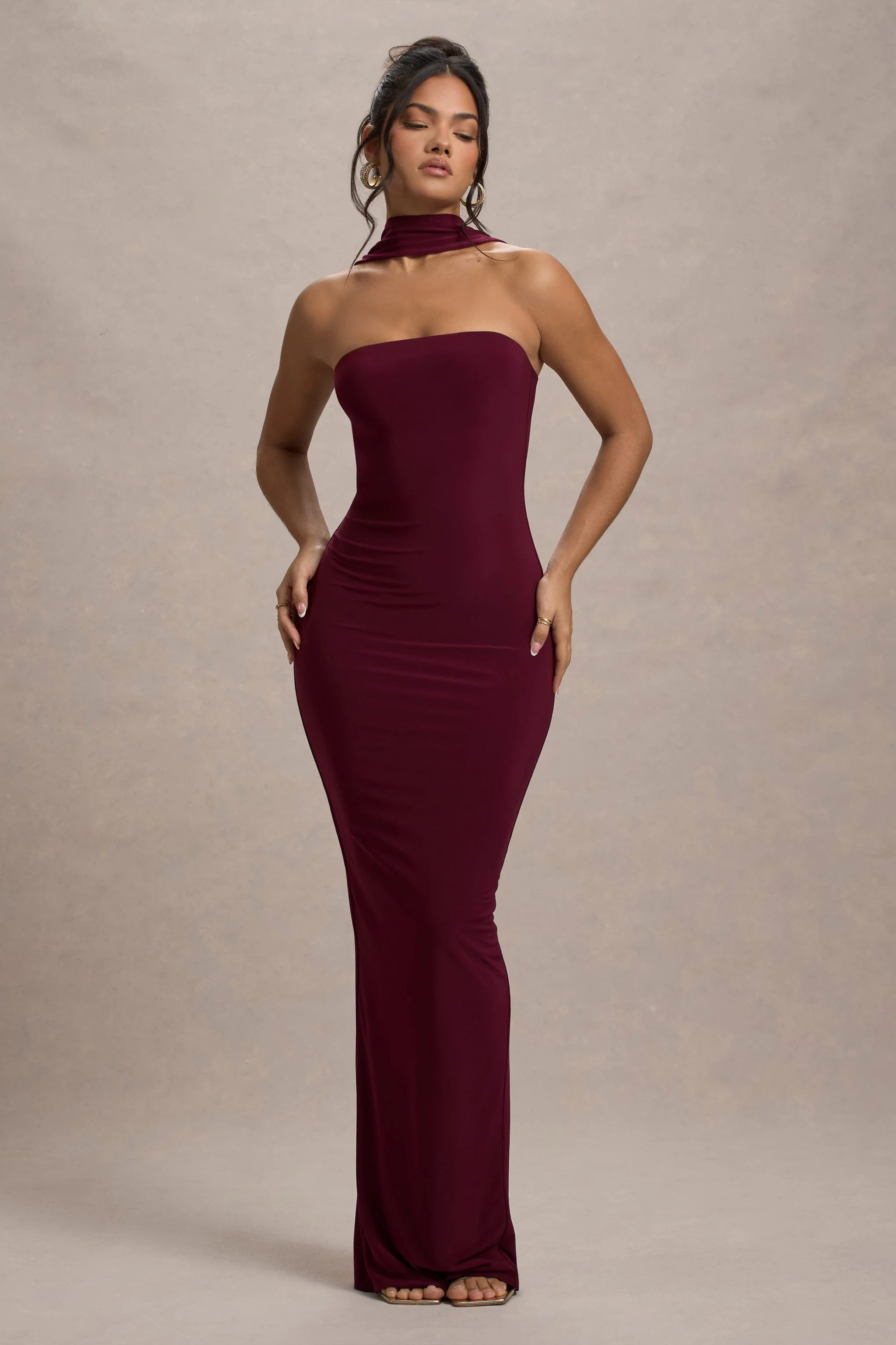 Burgundy Bandeau Maxi Dress With Halter-Collar