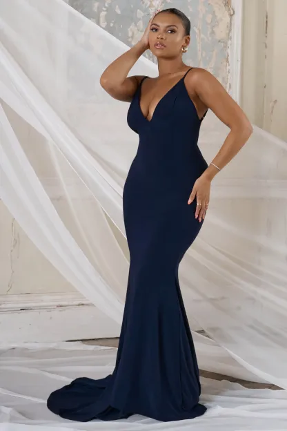 Navy Backless Bum Ruched Fishtail Maxi Dress
