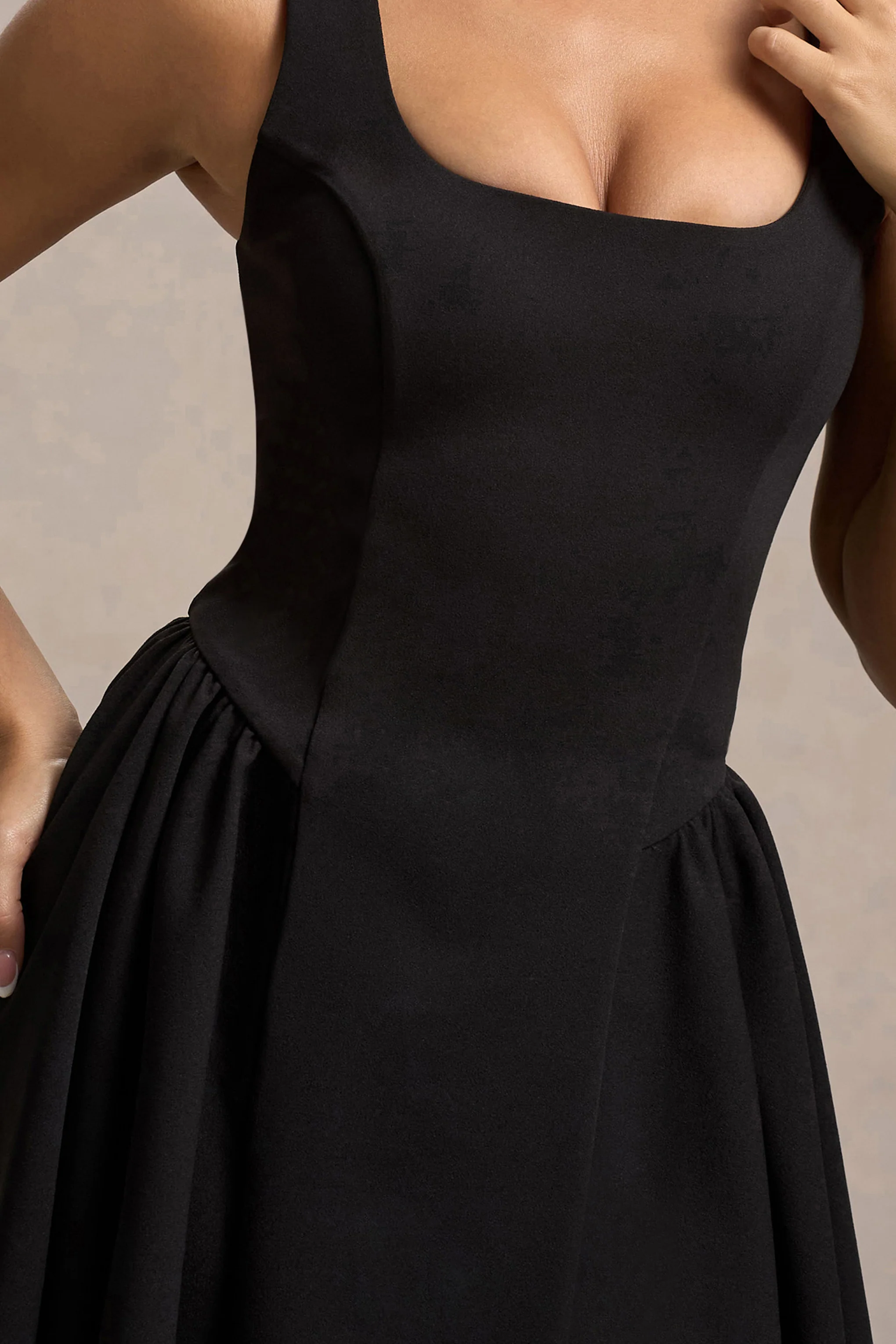 Black Square-Neck Mini Dress With Volume Skirt