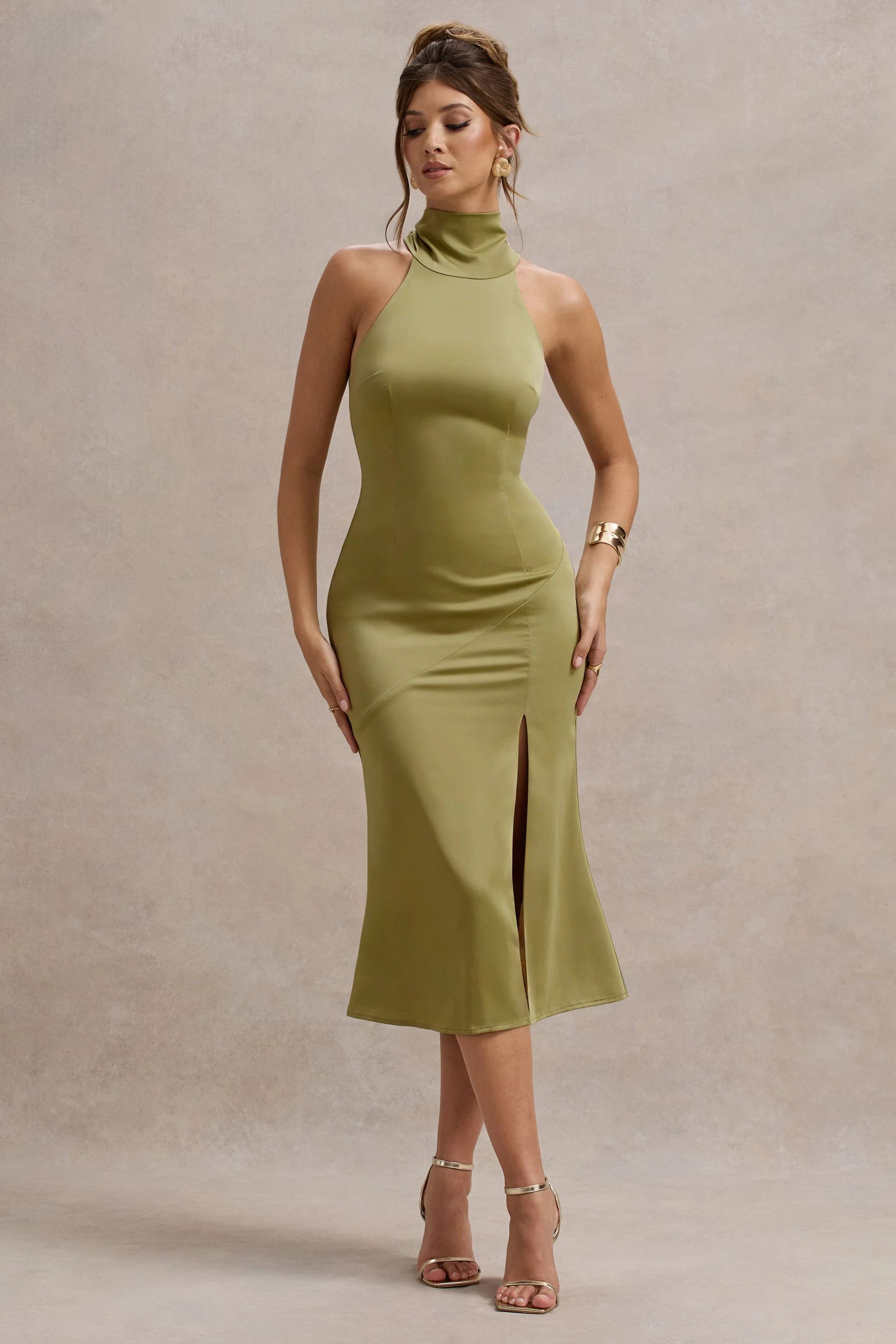 Olive Satin High-Neck Split Midi Dress