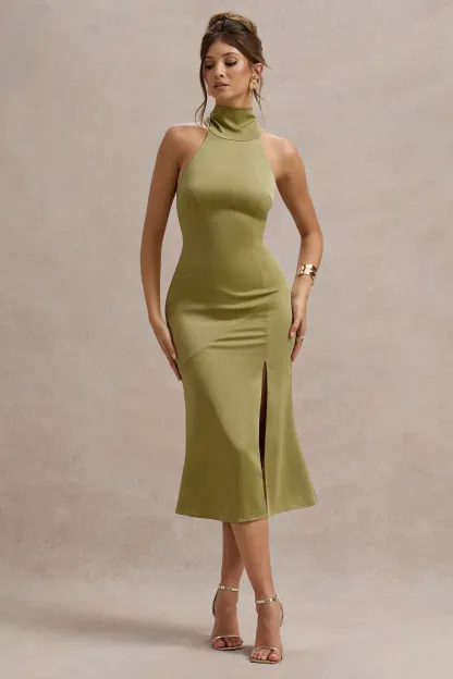 Olive Satin High-Neck Split Midi Dress