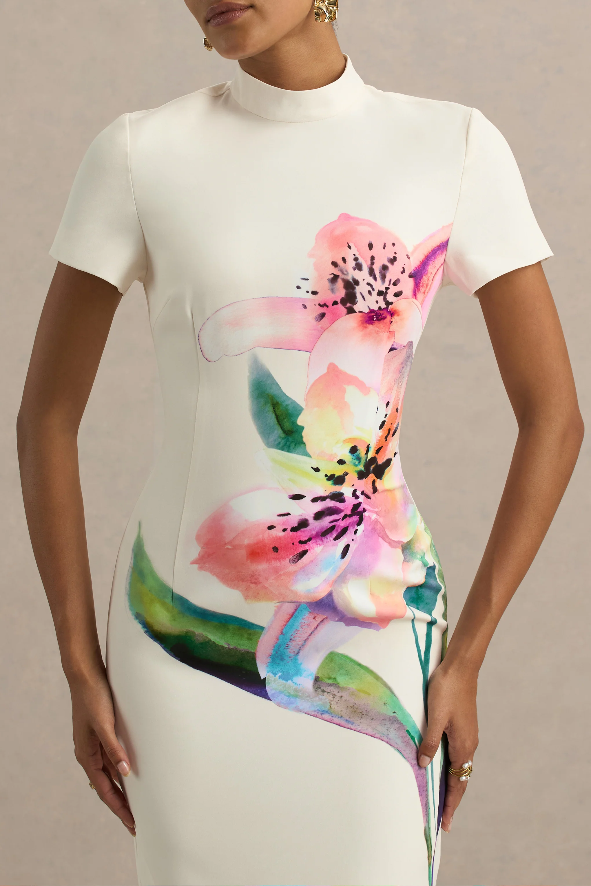 White Lily Print High-Neck Maxi Dress