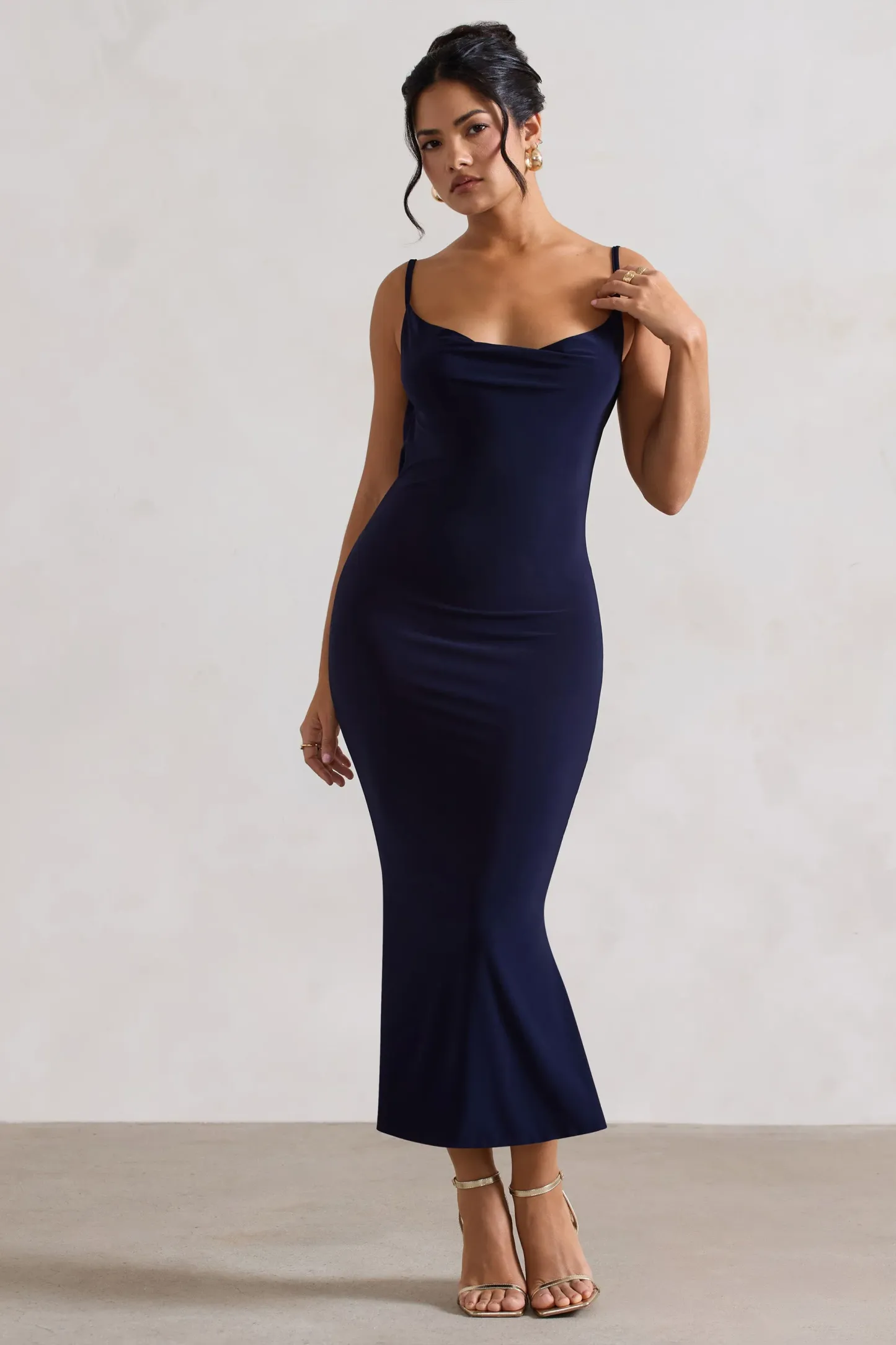 Navy Cowl-Neck Open-Back Midi Dress With Lace