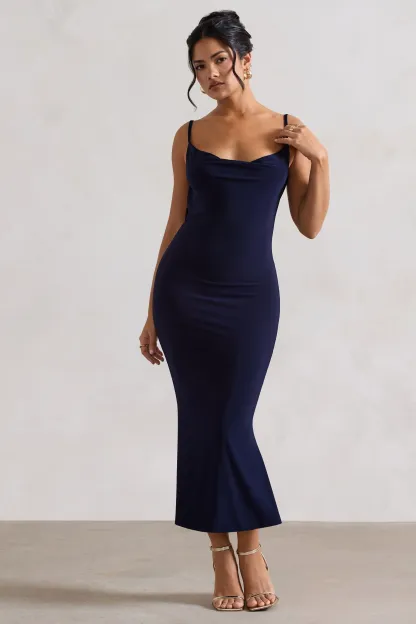 Navy Cowl-Neck Open-Back Midi Dress With Lace