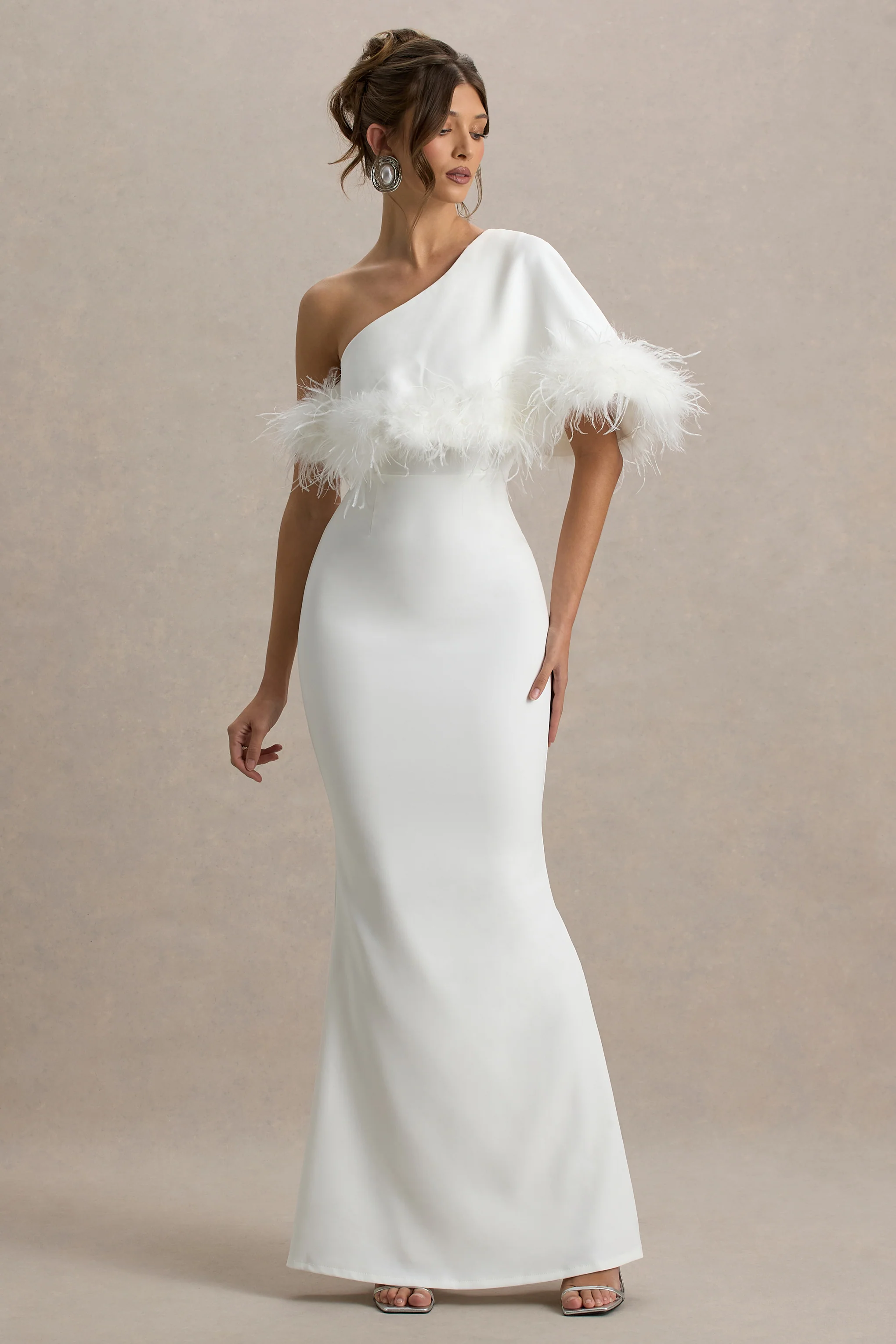 White Asymmetric Maxi Dress With Feather Trim