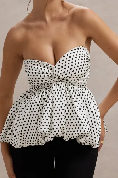 White & Black Polka Dot Strapless Ruffled Jumpsuit