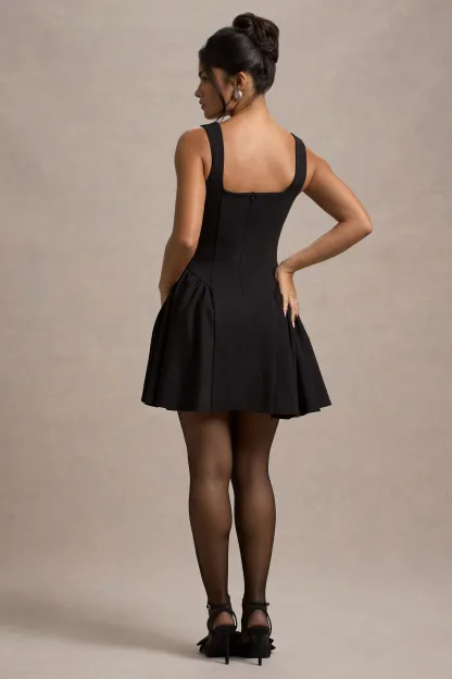 Black Square-Neck Mini Dress With Volume Skirt