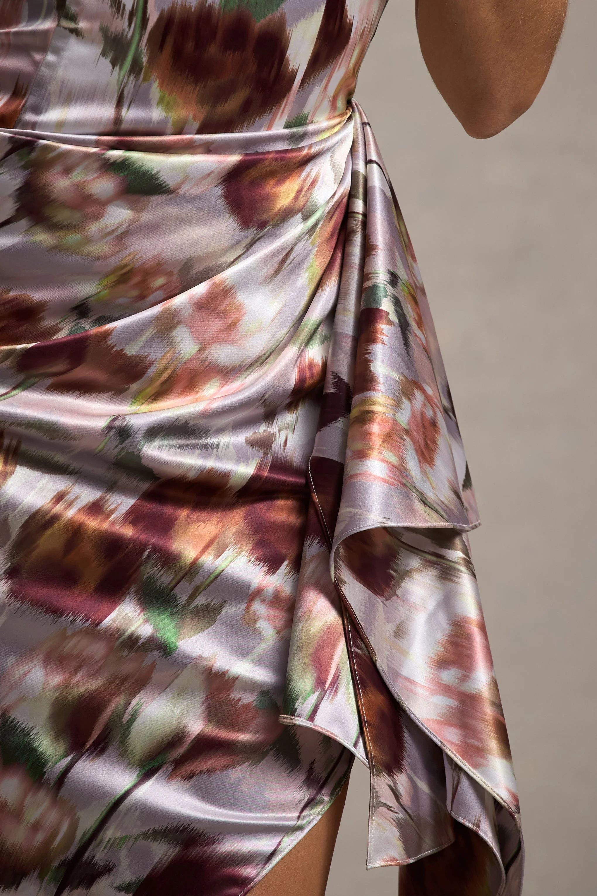 Cream Floral Print Satin Strapless Wrap Midi Dress