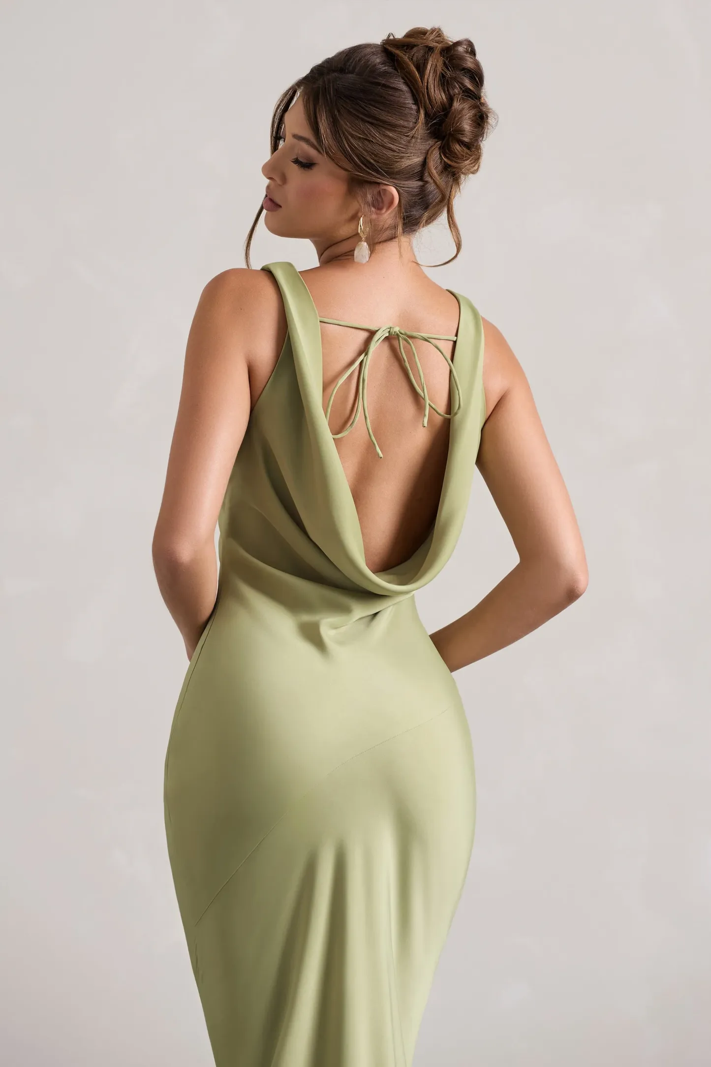 Light Olive Satin Cowl-Neck Maxi Dress