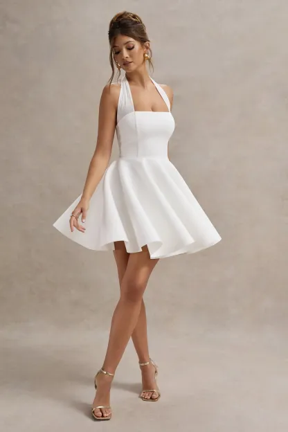 White Halter-Neck Skater Mini Dress