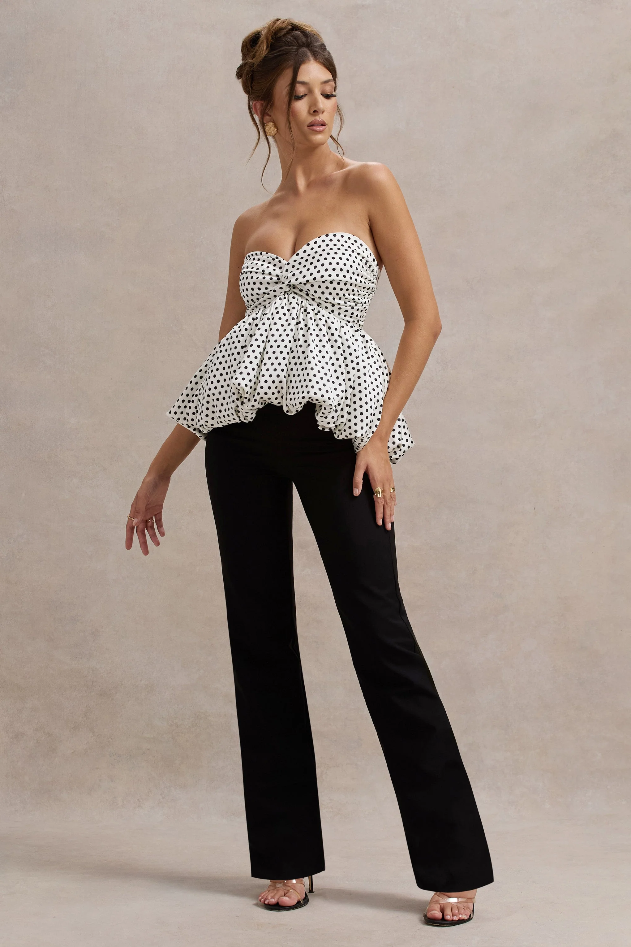 White & Black Polka Dot Strapless Ruffled Jumpsuit