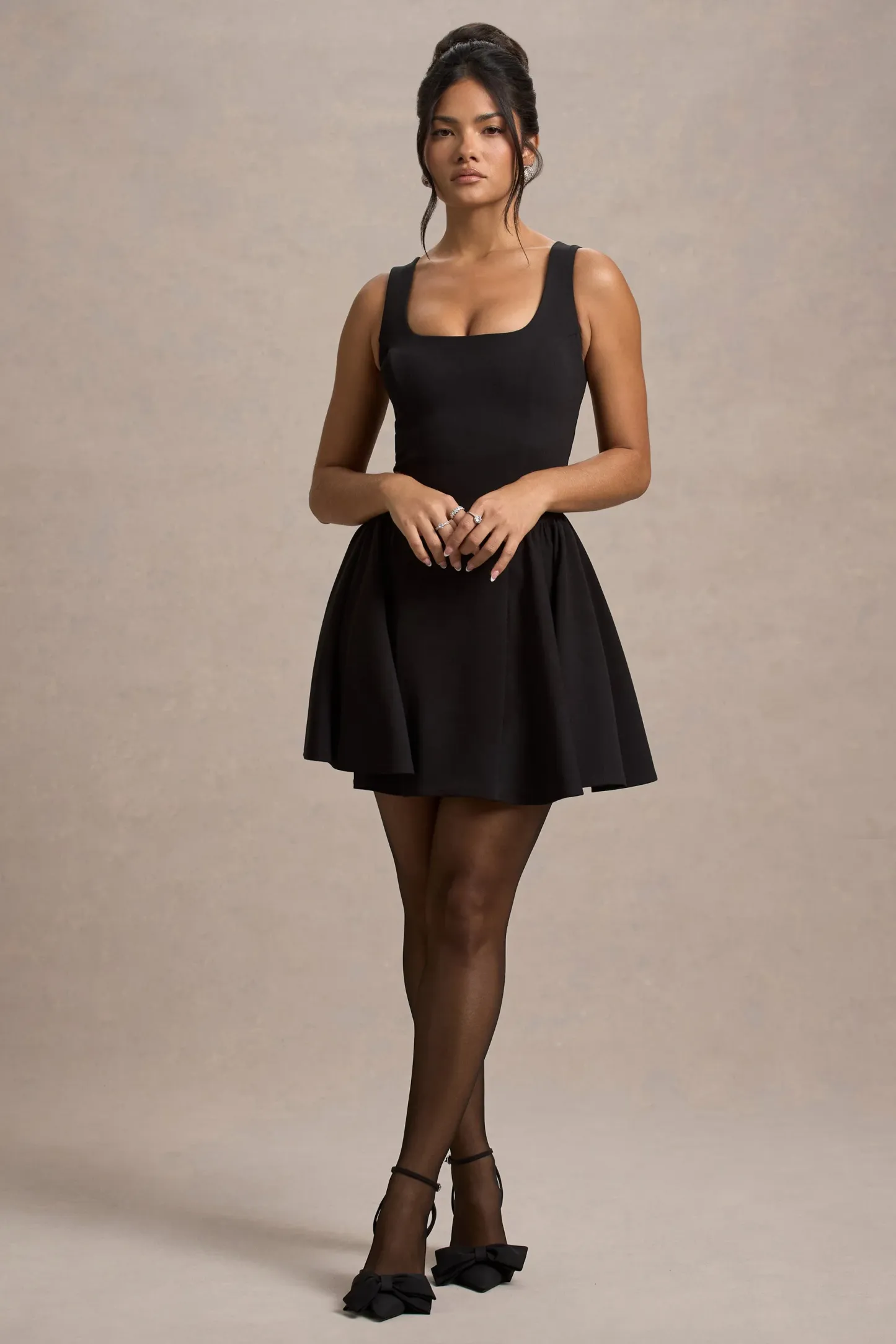 Black Square-Neck Mini Dress With Volume Skirt