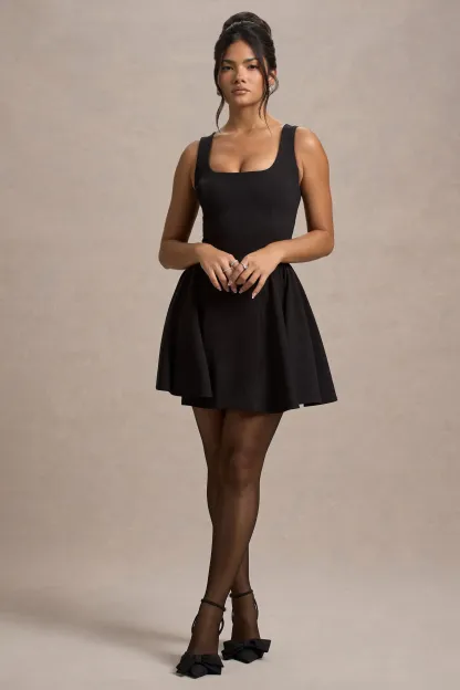 Black Square-Neck Mini Dress With Volume Skirt