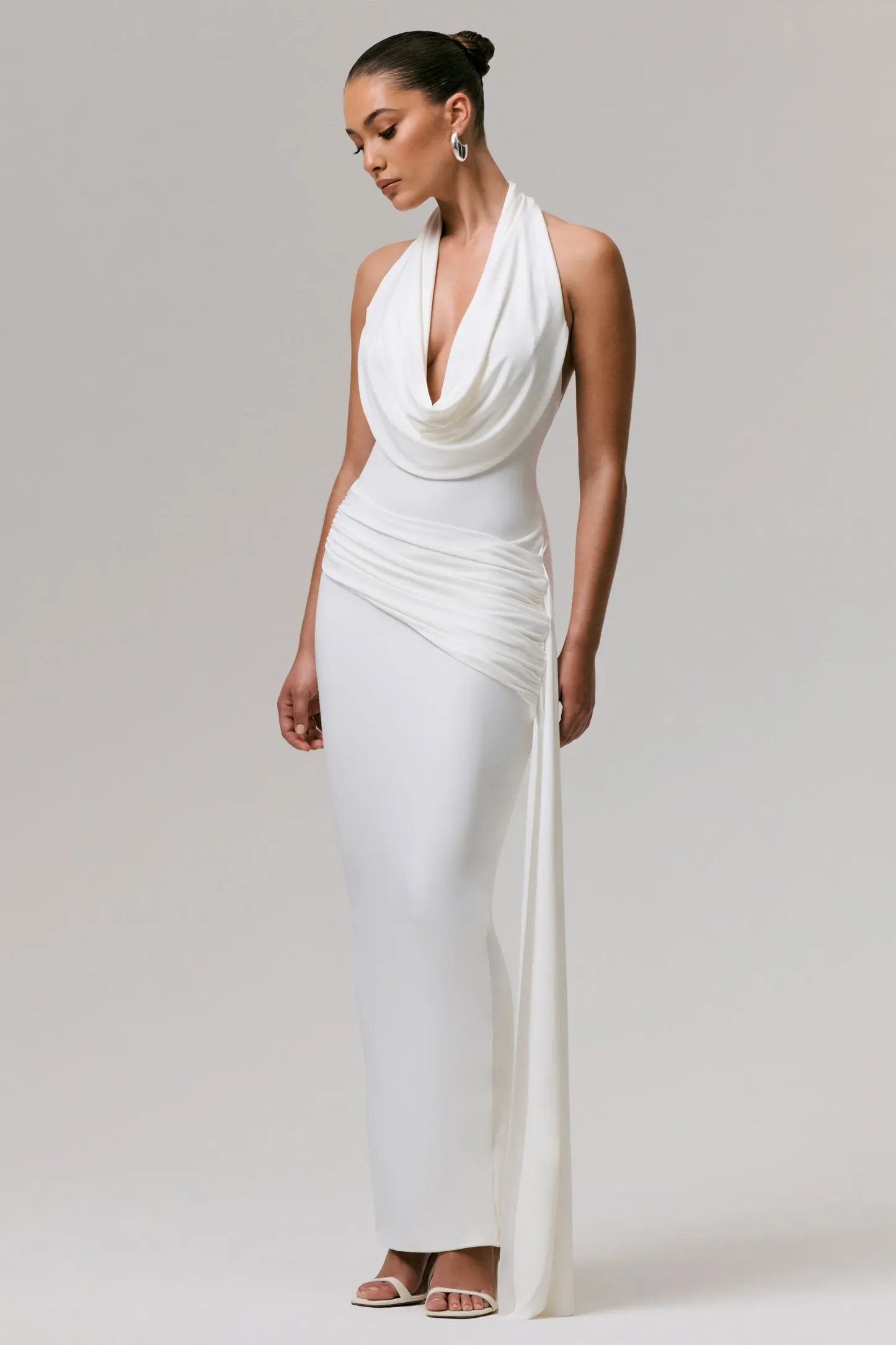 White Plunge-Neck Ruched Maxi Dress With Sash