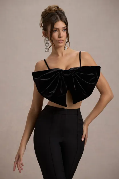 Black Velvet Strappy Bow Crop Top
